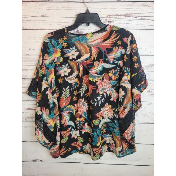 Zac & Rachel Batwing Boho Top Women's 1X V-Neck Semi Sheer Black Tropical - Picture 11 of 13